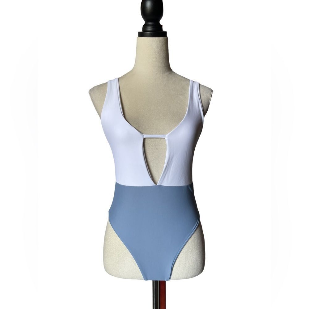 SHEIN Blue & White Color Block One Piece Bathing Suit (Medium)